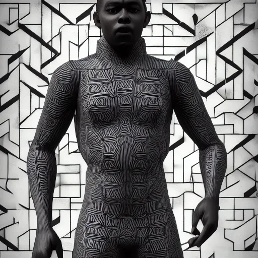 Image similar to : black human with maze pattern skin all over hyper detailed art station  dalle2 unity contest winners unrealengine trending on artstation,cinematic, hyper realism, high detail, octane render, 8k