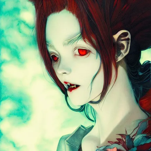 Image similar to prompt : vampire character portrait soft light painted by james jean and katsuhiro otomo and erik jones, inspired by evangeleon anime, smooth face feature, intricate oil painting, high detail illustration, sharp high detail, manga and anime 1 9 9 9