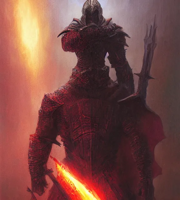 Image similar to fire swordman in hellish armor concept, beksinski, age of sigma art, frank franzetta, ruan jia, dark soul armor concept, trending on artstation, wayne barlowe, adrian smith fantasy art, elden ring art, the hobbit art, lord of the ring art, infinity blade armor