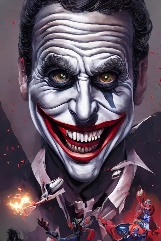 Prompt: emmanuel macron as a joker, realistic, high definition, 4 k, shimmering color, hyper detailed, art of greg rutkowski and magali villeneuve and artgerm