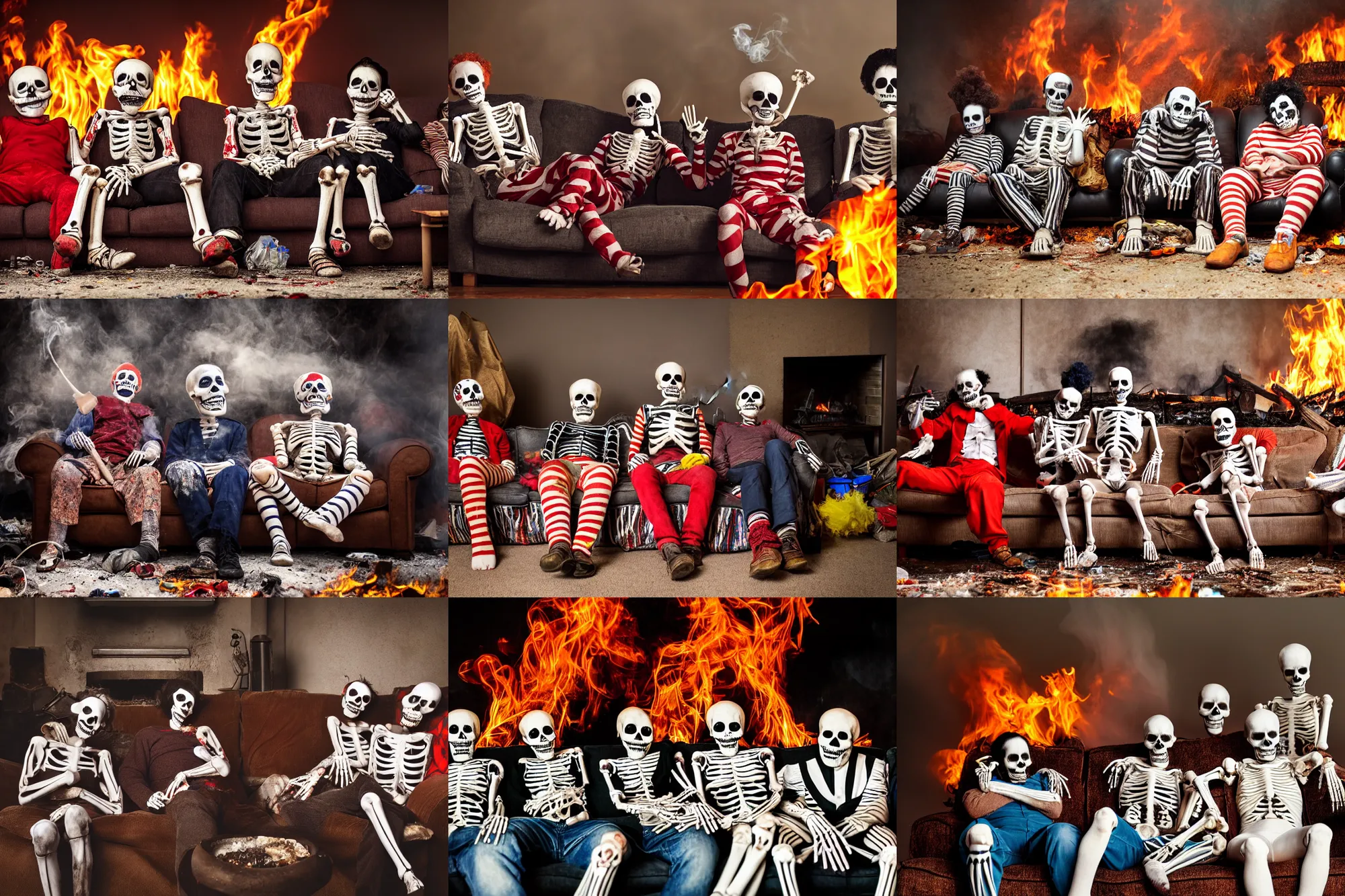 Prompt: photograph, clowns dressed as skeletons sitting on a couch, watching tv, gormless expressions, filthy loungeroom, trash, surrounded by fires, smoke, upscaled to 4 k, bokeh, depth of field