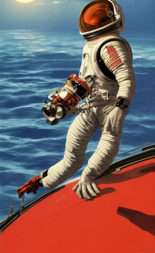 Image similar to detailed artwork by syd mead of an astronaut in a red alien ocean, drowning, high noon, red water under alien burning sun, 4k octane render, by syd mead