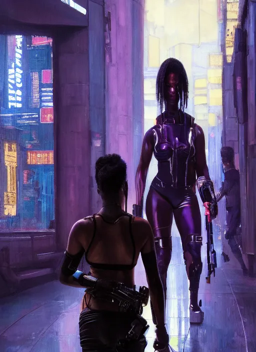 Image similar to Maria Igwe. Cyberpunk hitwoman wearing military vest walking through nightclub (blade runner 2049, cyberpunk 2077). Orientalist portrait by john william waterhouse and James Gurney and Theodore Ralli and Nasreddine Dinet, oil on canvas. Cinematic, hyper realism, realistic proportions, dramatic lighting, high detail 4k