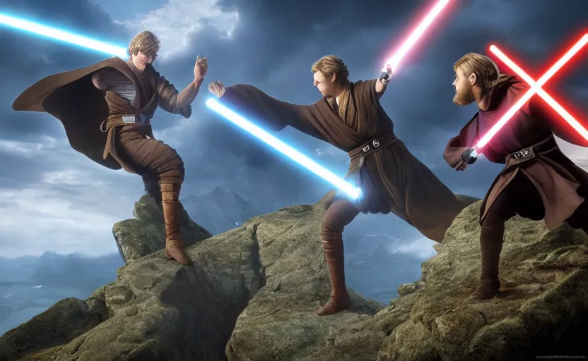 Image similar to anakin skywalker and obi wan kenobi engaging in an epic duel on a cliffside, epic, fantasy artwork, intense, cinematic, raytracing, dynamic lighting, 4 k