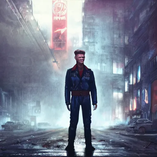 Image similar to fallout 5, charismatic david bowie, portrait, outdoors ruined cityscape, atmospheric lighting, painted, intricate, volumetric lighting, beautiful, daytime, sunny weather, slight overcast, sharp focus, deep colours, ultra detailed, by leesha hannigan, ross tran, thierry doizon, kai carpenter, ignacio fernandez rios