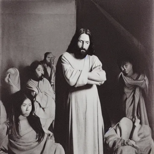 Image similar to studio photo of jesus in a chinese sweat shop, studio portrait