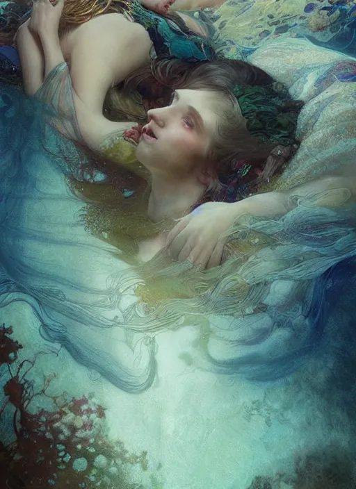 Prompt: hyper realist matte digital painting of underwater photography, jugendstill, flowing fabric, bubbles rising, seaweed, fairytale, fantasy art, photo realistic, dynamic lighting, artstation, volumetric lighting, by mucha, by charlie bowater, by karol bak, by alma tadema