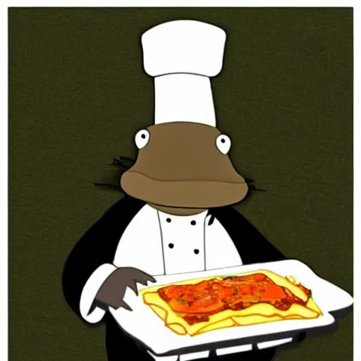 Image similar to cute platypus wearing a chef hat while holding a lasagna with three basil leaves over the lasagna