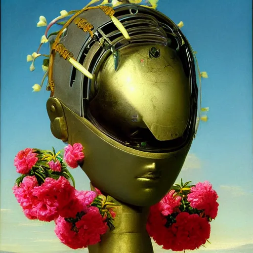 Image similar to a vaporwave painting by Thomas Cole of a robot head with flowers growing out, highly detailed