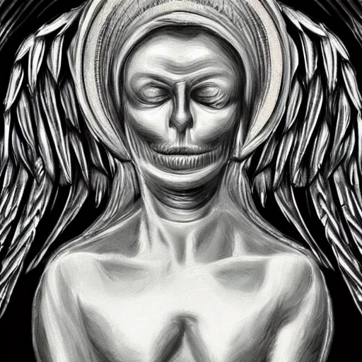 Image similar to an angel in the style of a H.R. Giger