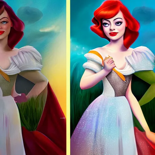 Image similar to digital painting of Emma Stone as a Disney princess wearing snow white's dress, Pixar style, professional studio lightening, volumetric lightening, photorealism by Tristan Eaton Stanley Artgerm and Tom Bagshaw