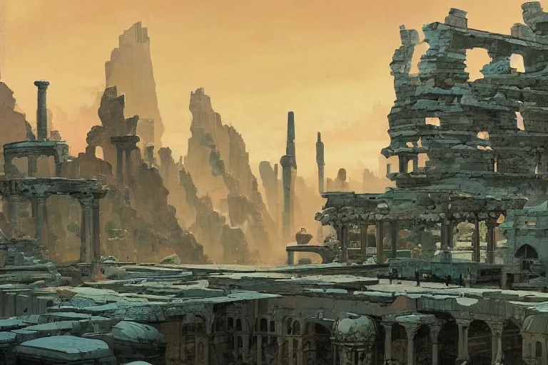 Image similar to an architectural painting of the ruins of an archaic city of ancient persia floating in the sky by syd mead and frazetta and james gilleard in the style of hugh ferriss, ancient persian architecture by hugh ferriss and peter mohrbacher