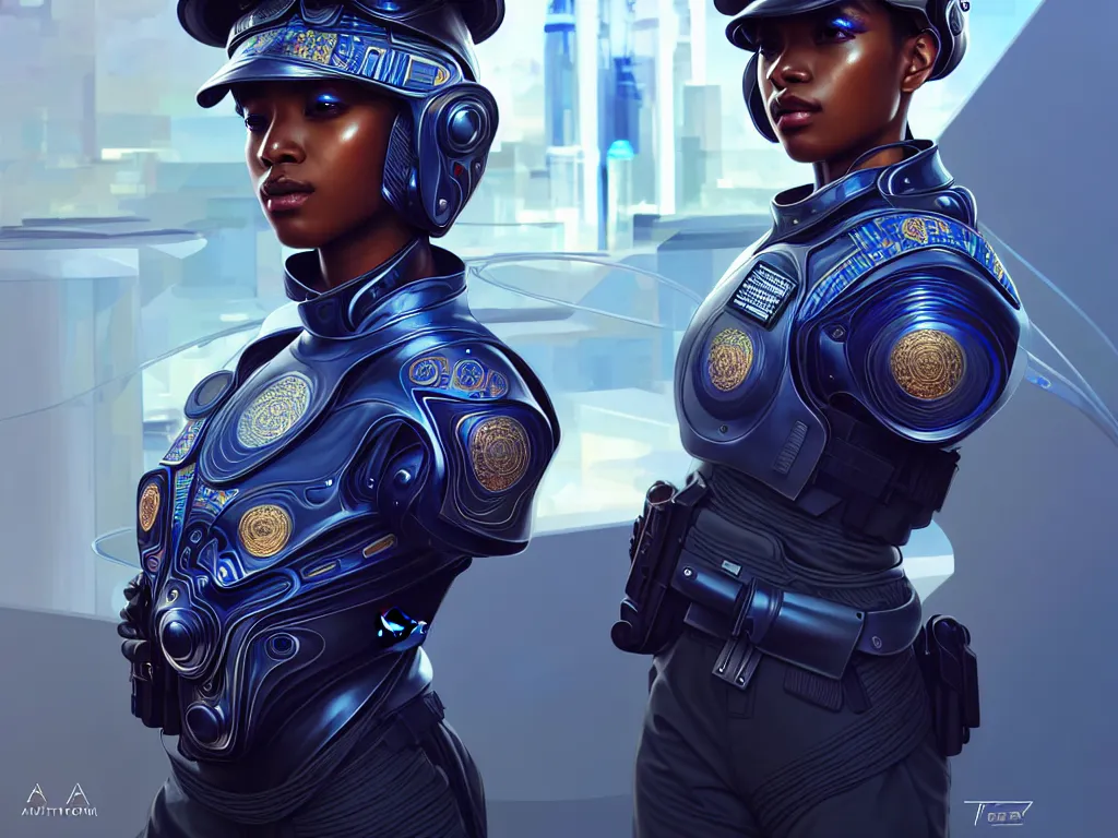 Image similar to portrait futuristic south africa police uniform female, at future neon light rooftop, ssci - fi and fantasy, intricate and very very beautiful and elegant, highly detailed, digital painting, artstation, concept art, smooth and sharp focus, illustration, art by tan zi and ayanamikodon and alphonse mucha and wlop