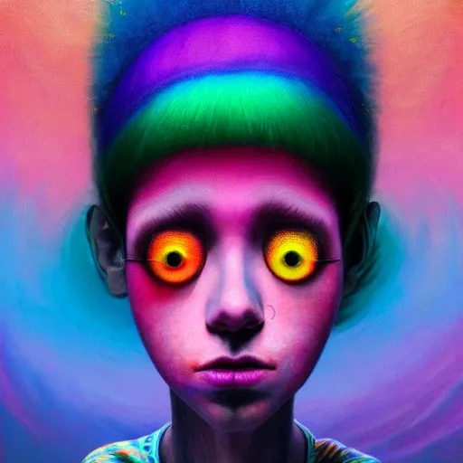 Prompt: a portrait of an intelligent young women with rainbow hair looking at the camera, she has a beautiful unconventional face, vibrant colors, dynamic lighting, digital art, winning award masterpiece, fantastically beautiful, illustration, aestheticly inspired by beksinski and dan mumford, mark ryden upscale with simon stalenhag work, artstation, 8 k
