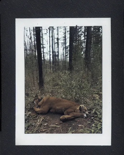 Image similar to cougar in forest at night, shot from drone, grainy, polaroid