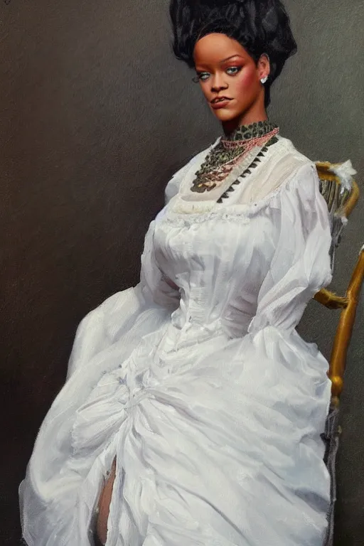 Image similar to a full body portrait of Rihanna as a Victorian-era girl, oil painting