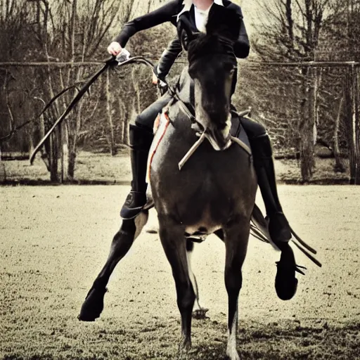 Image similar to portrait of nosferatu riding a horse, sport photography, 5 0 mm lens