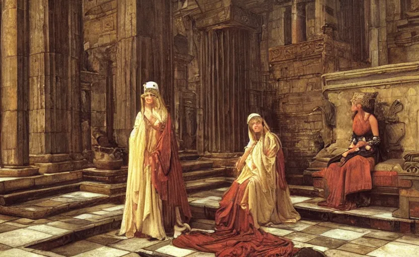 Image similar to an extremely detailed, realistic painting of penelope : : a beautiful queen on a platform in a throne room : : ancient greece : : thick smoke : : a throne room filled with servants : : old beggar in the foreground : : in the style of john william waterhouse, frederick s. church, john collier, mysterious mood, cinematic