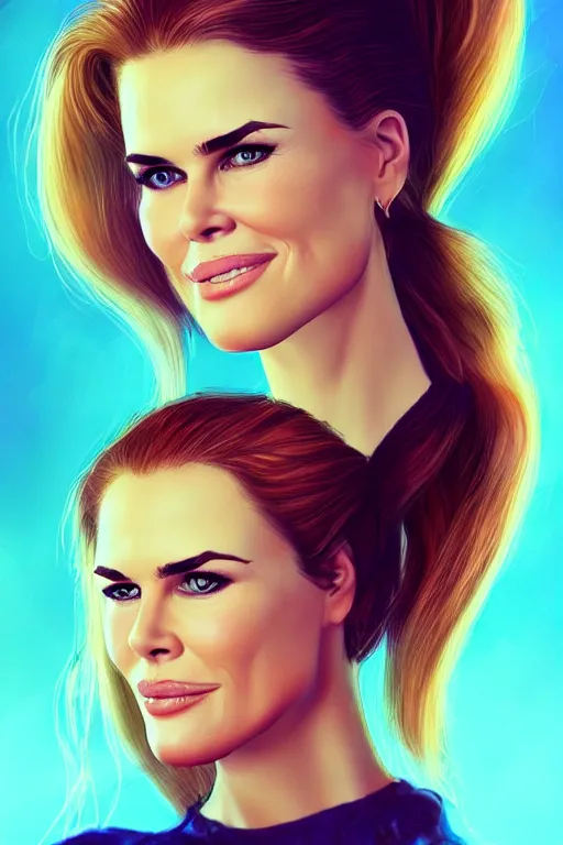 Image similar to mix of beautiful young maria shriver, mariel hemmingway, brooke shields, nicole kidman and elle macpherson as an alien creature, thin lips, hair tied up in a pony tail, dark blonde hair, colorful, artstation, cgsociety