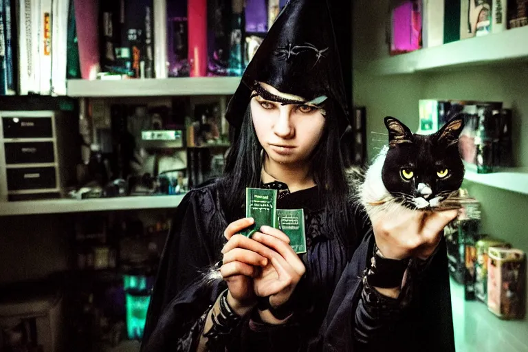 Image similar to close up photo, dramatic lighting, concentration, calm confident cyberpunk teen witch and her cat, tarot cards displayed on the table in front of her, sage smoke, magic wand, a witch hat and cape, apothecary shelves in the background, by yoji shinkawa neon