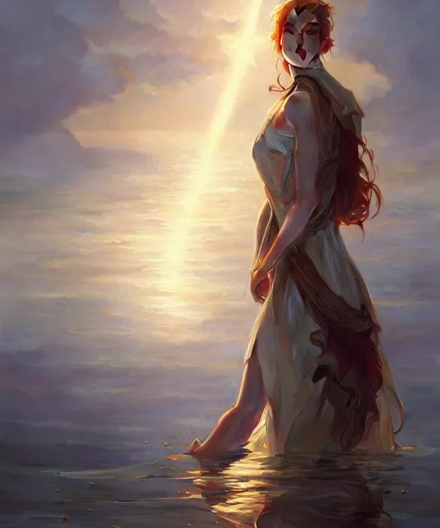 Image similar to emily rajtkowski, lake, elegant, highly detailed, god rays, digital painting, artstation, concept art, smooth, sharp focus, illustration, art by artgerm and greg rutkowski and alphonse mucha