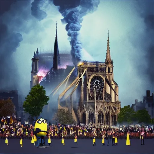 Image similar to “minions laughing as the Notre dame burns behind them, 4k, digital art, award winning”