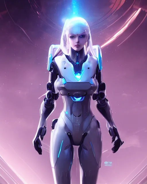 Image similar to perfect android girl on a mothership, warframe armor, beautiful face, scifi, futuristic, galaxy, nebula, raytracing, dreamy, long white hair, blue cyborg eyes, sharp focus, cinematic lighting, highly detailed, artstation, divine, by gauthier leblanc, kazuya takahashi, huifeng huang