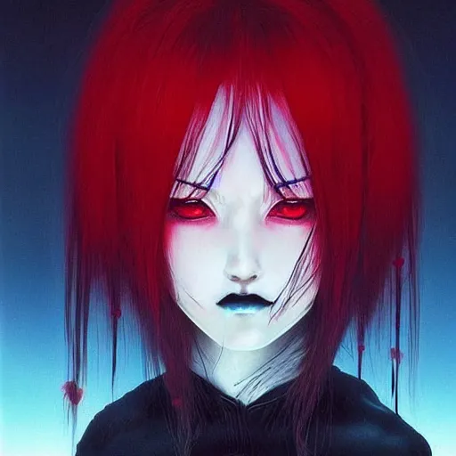 Prompt: beautiful! aesthetically pleasing! portrait of an anime goth clowngirl, painted by ilya kuvshinov!!! and zdzislaw beksinski