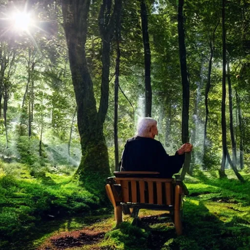 Prompt: an old man with a white beard sits on a bench near a hut overgrown with moss, opposite the forest, the sun's rays make their way through the foliage of trees, paint,