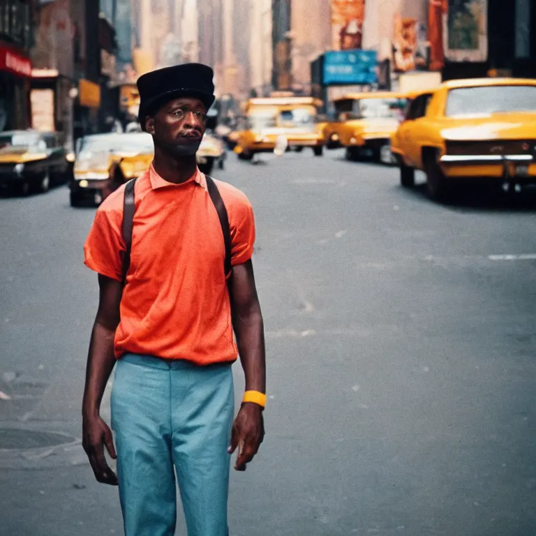 Prompt: medium format film close up portrait of colourful walking man in new york by street photographer, 1 9 6 0 s hasselblad film photography, featured on unsplash, soft light photographed on colour vintage film