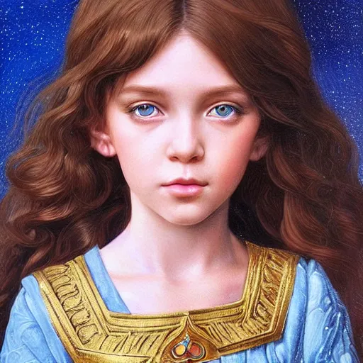 Image similar to a little girl with short wavy curly light brown hair and blue eyes, a space empress in byzantine style. beautiful highly detailed face, painting by ilya kuvshinov and raymond swanland