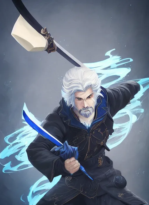 Image similar to a highly detailed illustration of young short slick back white haired man wearing dark blue coat, bright blue eyes, dramatic wielding katana pose, intricate, elegant, highly detailed, centered, digital painting, artstation, concept art, smooth, sharp focus, league of legends concept art, wlop