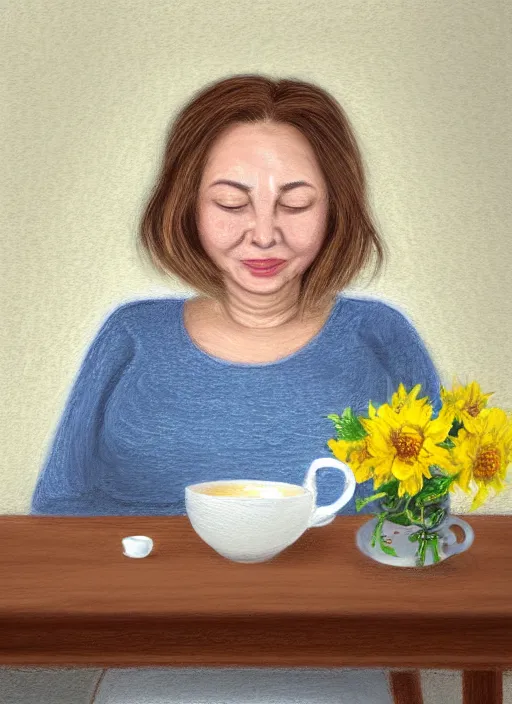 Prompt: middle - aged woman sitting in a table with a hot cup of tea, small wide smile, mandel eyes, forehead, small plump lips, oval face, wrinkled big cheeks calming white background of a kitchen with yellow flowers, pastel colours, thin blurry lines, digital painting, artstation, matte, sharp focus, illustration, realistic oil painting