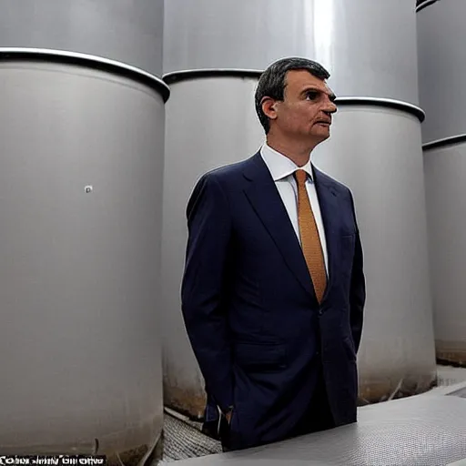 Prompt: the president of spain pedro sanchez sitting in a cooling tower of a nuclear power plant