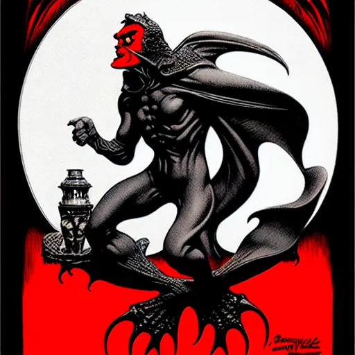 Image similar to medium gargoyle soft light, by bernie wrightson and joe fenton and jack gaughan, inspired art deco, black and red only, fine, sharp high detail,