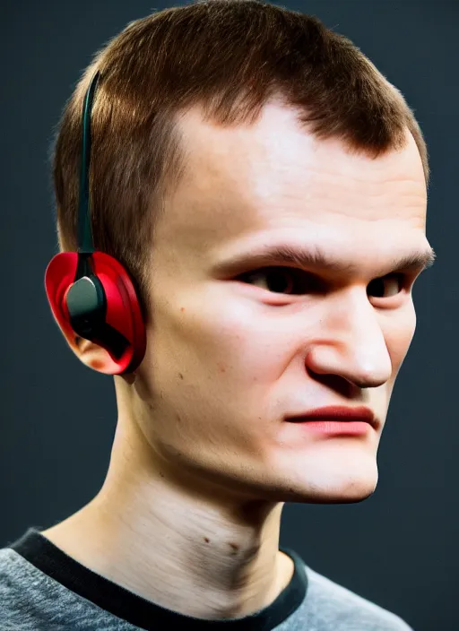 Image similar to vitalik buterin in headphones. vitalik buterin, medium shot, perfect symmetric face, coherent eyes, cute happy face, fine details., very sharp, 4 k, pixar, hans zatska