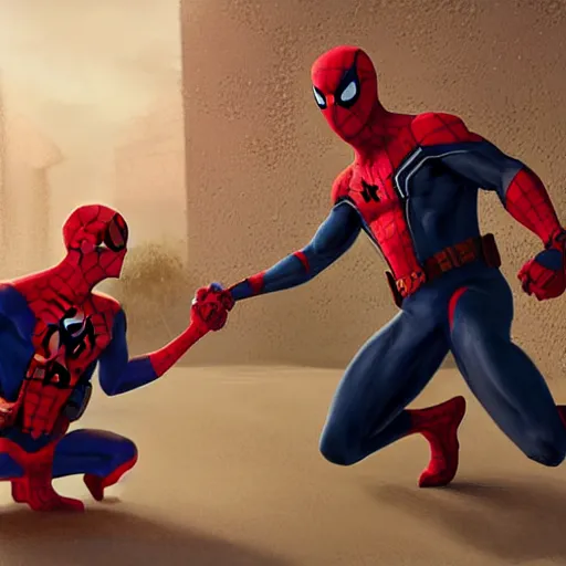 Image similar to spider man shaking hands with deadpool, au naturel, hyper detailed, digital art, trending in artstation, cinematic lighting, studio quality, smooth render, unreal engine 5 rendered, octane rendered, art style by klimt and nixeu and ian sprigger and wlop and krenz cushart