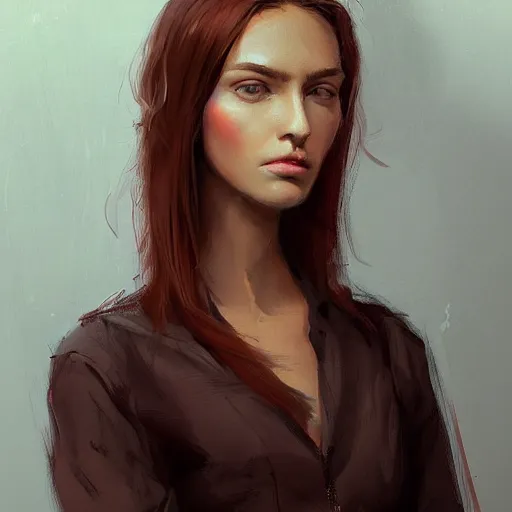 Image similar to Portrait of a woman by Greg Rutkowski, she is about 20 years old, brown long and straight hair, pretty oval face, attractive, her features are a mix between german and turkish, tall and slim, smart looking, she is wearing utilitarian red and black jumpsuit, highly detailed portrait, digital painting, artstation, concept art, smooth, sharp foccus ilustration, Artstation HQ.