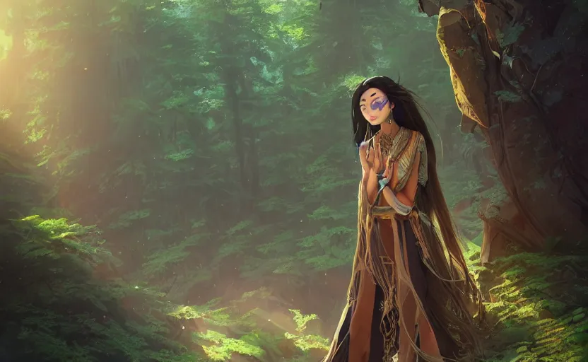 Image similar to beautiful Himalayan woman, sci-fi tibetan fashion, brown very very long hair, somber, scene of a summer forest with glowing blue lilies, dramatic light, wide angle, , dramatic angle , 8k hdr pixiv by Makoto Shinkai and Wojtek Fus, rossdraws, ambient occlusion