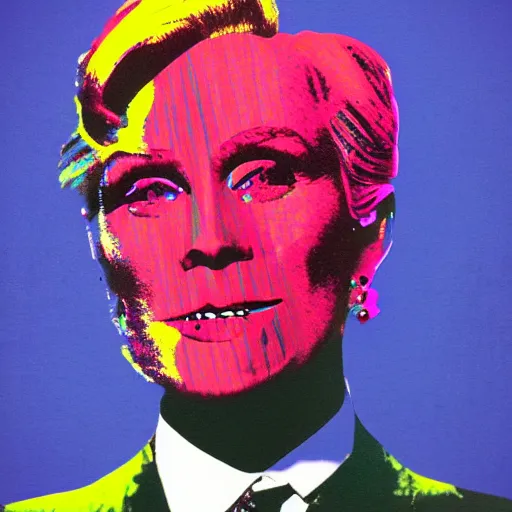 Prompt: a woman in a suit and tie with a creepy face, a screenprint by warhol, reddit contest winner, antipodeans, hellish, anaglyph filter, hellish background