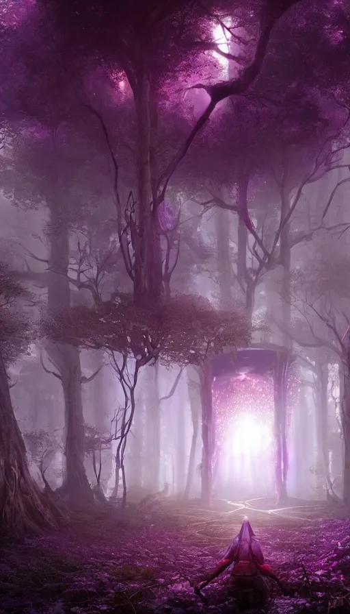 Image similar to hyper realistic 3 d render of a future sci - fi ancient god on the middle of a forest with a lot of purple trees holding a portal that's about to explode, fog, volumetric lighting, sunny day, by greg rutkowski and diego velazquez