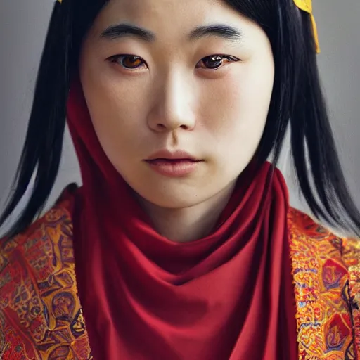 Prompt: closeup portrait of Naganohara Yoimiya Converts to Islam, depth of field, zeiss lens, detailed, symmetrical, centered, fashion photoshoot, by Annie Leibovitz and Steve McCurry, David Lazar, Jimmy Nelsson, Breathtaking, 8k resolution, extremely detailed, beautiful, establishing shot, artistic, hyperrealistic, beautiful face, octane render