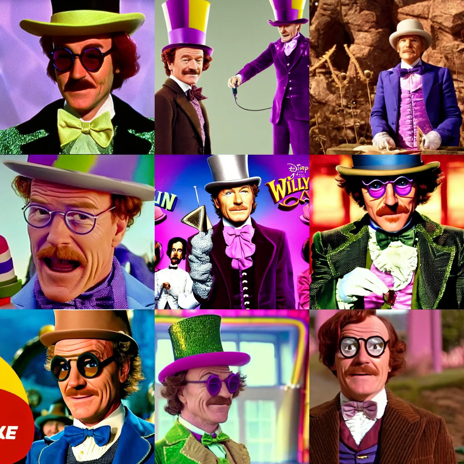 Prompt: bryan cranston as willy wonka, movie clip, high detail, 7 2 0 p, colorful