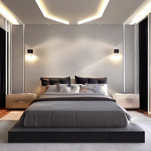 Prompt: contemporary bedroom design, modernism, photorealistic!!!!!!! art style, luminous lighting, intricately defined, beautifully ordinated