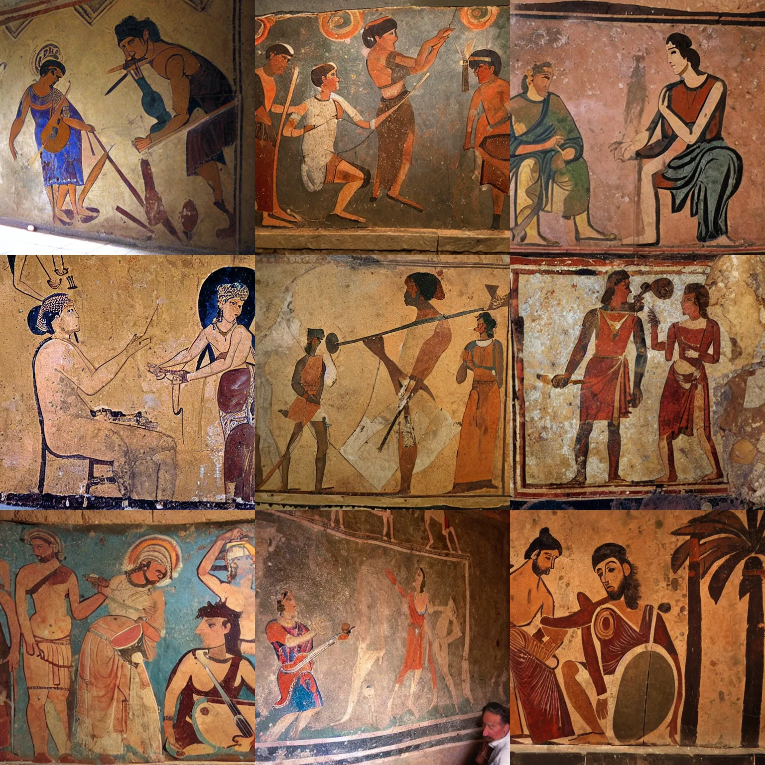 Prompt: an etruscan mural painting with a musician