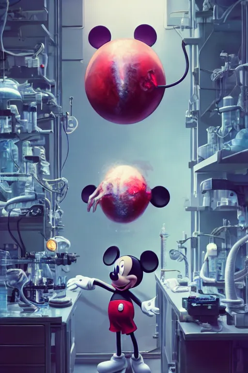 Image similar to mechanics scientist in lab facility looking at bloody mickey mouse head lifted by claw,, made by beeple, cgsociety, artgerm, greg rutkowski, highly detailed intricate 4 k art, low light cinematic, octane render, unreal engine, smooth concept art