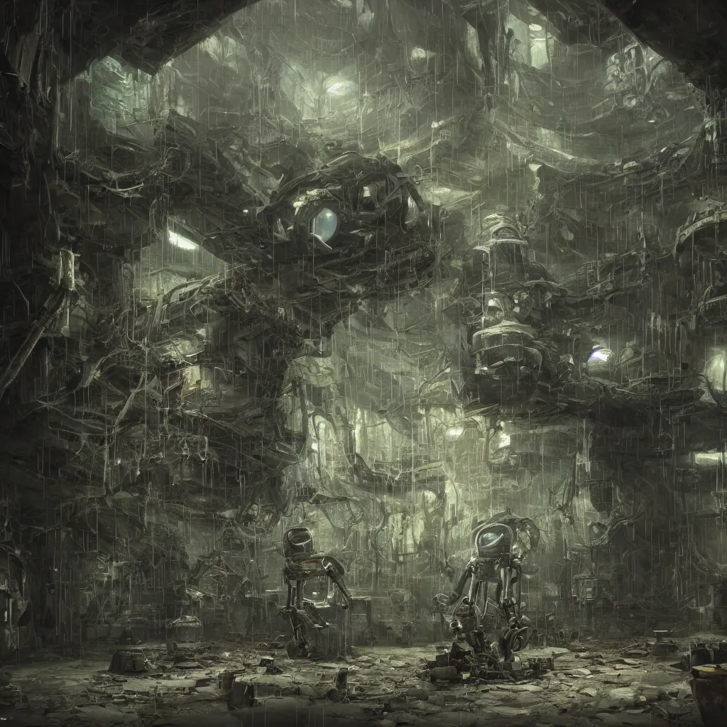 Prompt: the remnants of a broken robot in an underground laboratory, foliage, dark somber melancholic matte painting, highly detailed oil painting, liminal space, 8k, stillness, solitude, sorrowful and awe-inspiring atmosphere, shallow depth of field, masterpiece