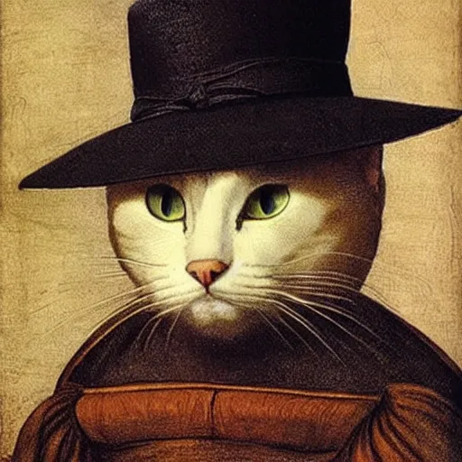 Prompt: a portrait of a cat wear a hat, by Da vinci