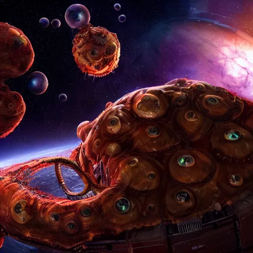 Image similar to one eldritch horror bloody garfield in space, galaxy, hd, 8 k, explosions, gunfire, lasers, giant, epic, realistic photo, unreal engine, stars, prophecy, powerful, cinematic lighting, destroyed planet, debris, movie poster, violent, sinister, ray tracing, dynamic, print, epic composition, dark, lasagna, horrific