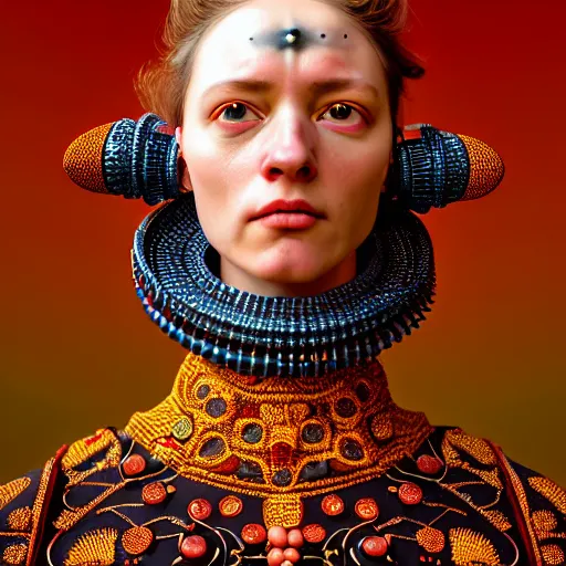 Image similar to Colour aesthetic Caravaggio style full body Photography of Highly detailed beautiful Woman with 1000 year detailed face and wearing detailed Ukrainian folk costume also wearing highly detailed retrofuturistic sci-fi Neural interface designed by Hiromasa Ogura . Many details In style of Josan Gonzalez and Mike Winkelmann and andgreg rutkowski and alphonse muchaand and Caspar David Friedrich and Stephen Hickman and James Gurney and Hiromasa Ogura. Rendered in Blender and Octane Render volumetric natural light